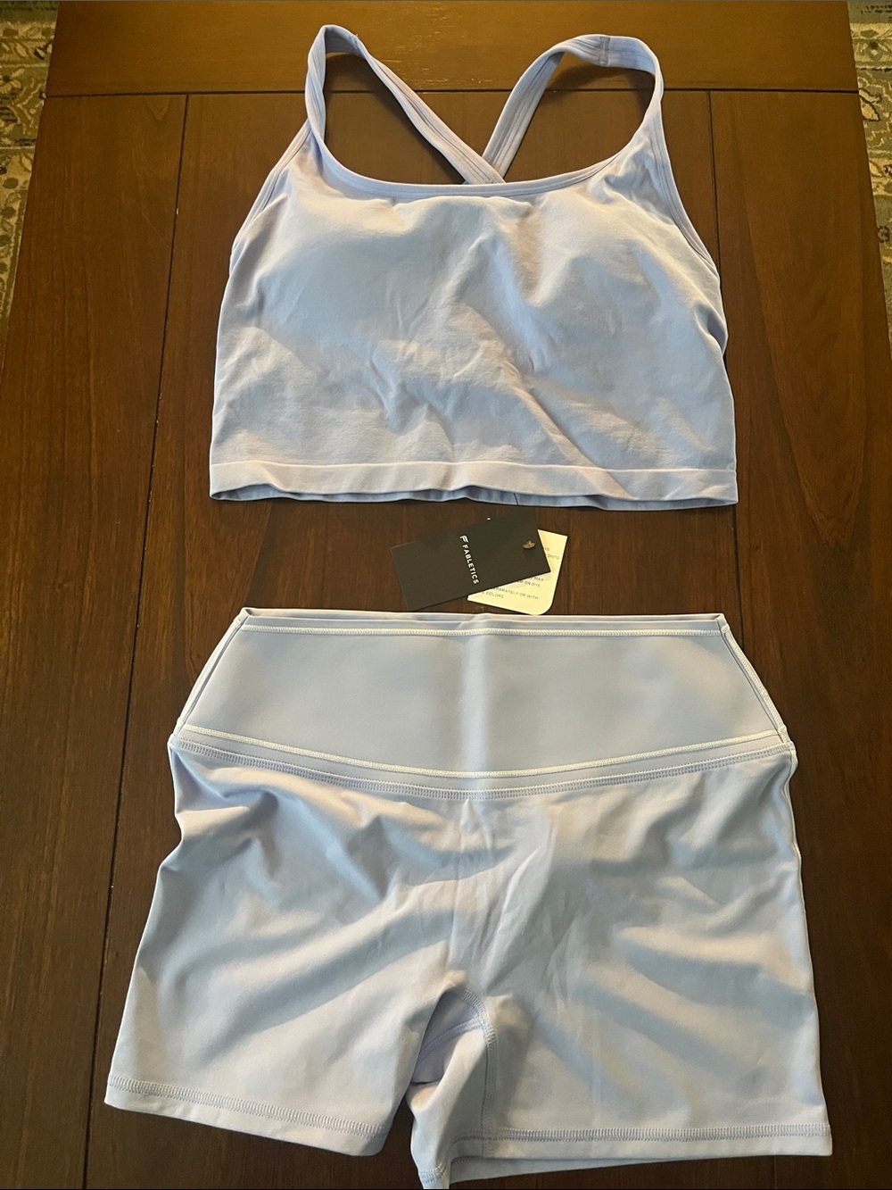 Fabletics Pale Blue Cross-Back Sports Bralette & High-Waist Shorts